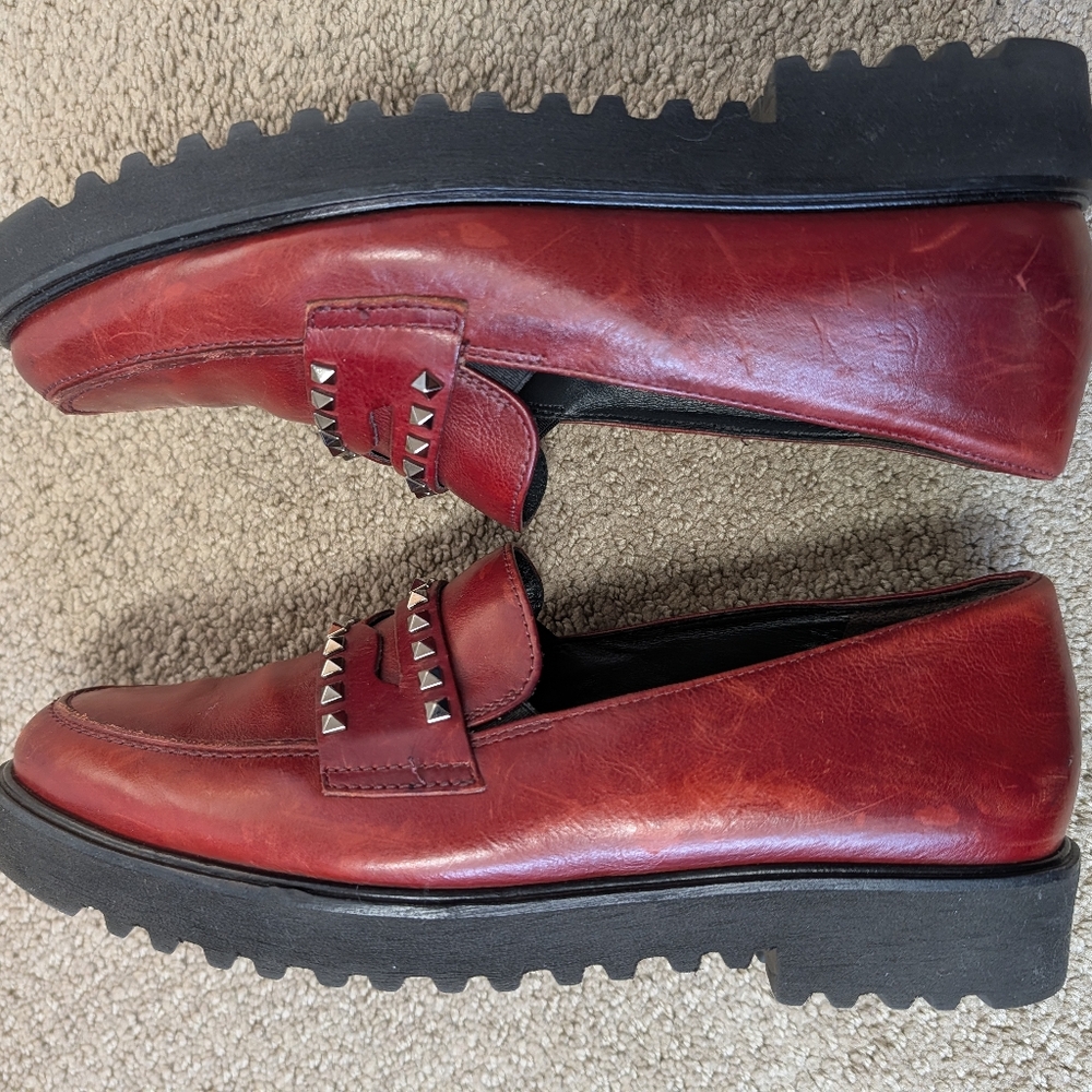 Vintage Paul Green Burgundy Red Leather Studded Chunky Loafers Women Size 7.5 - Picture 6 of 8